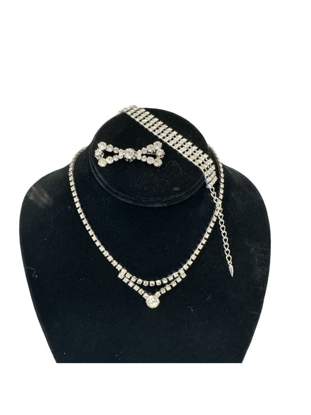 Vintage Rhinestone Necklace Bracelet & Brooch Set Womens Eveningwear Formal